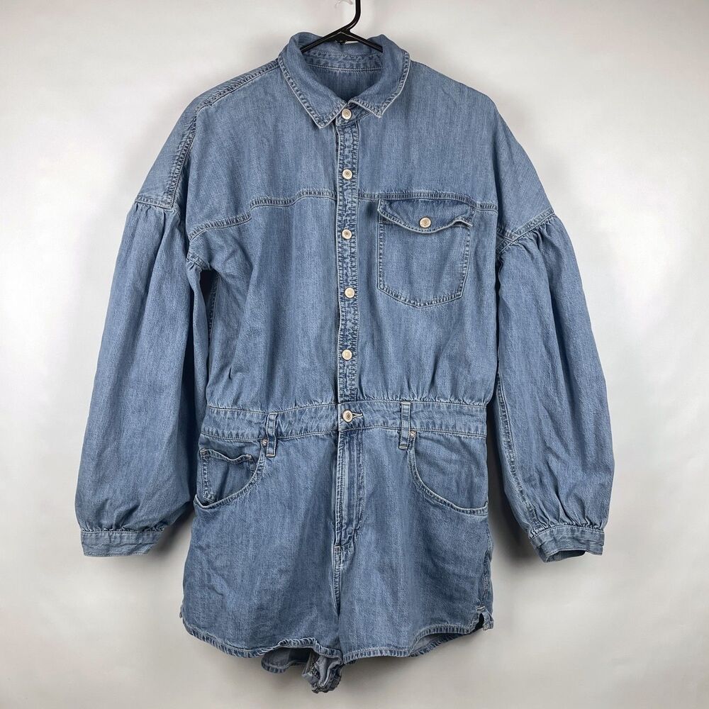 Free People We The Free Zodiac Chambray One Piece Romper Moon Blue Denim L Large